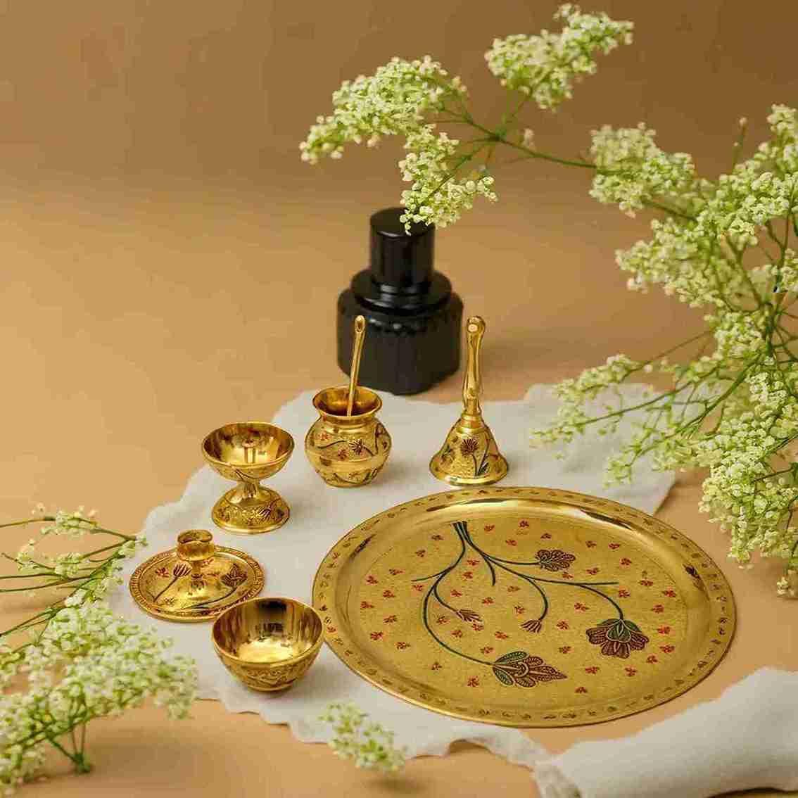 Brass Pooja Set 7pcs - Handcrafted Colorful Meenakari Brass Aarti Thali Set - Traditional Pital Pooja Thali Set for Temple - Floral Etched Design - Ideal Gift for all Occasion by Raj Gharana Metals
